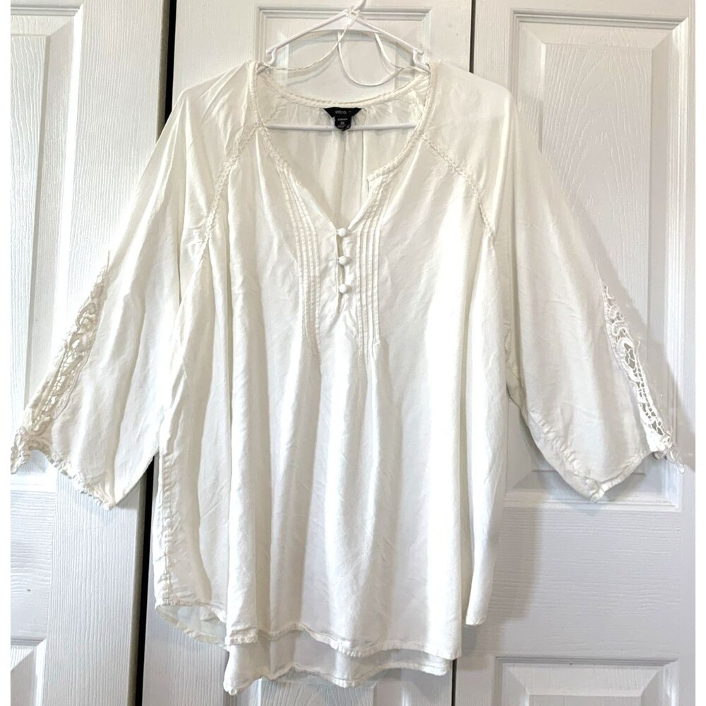 Intro Womans Tunic 1X Covered Buttons Crochet Lace Sleeve Pin Tuck Front Peasant